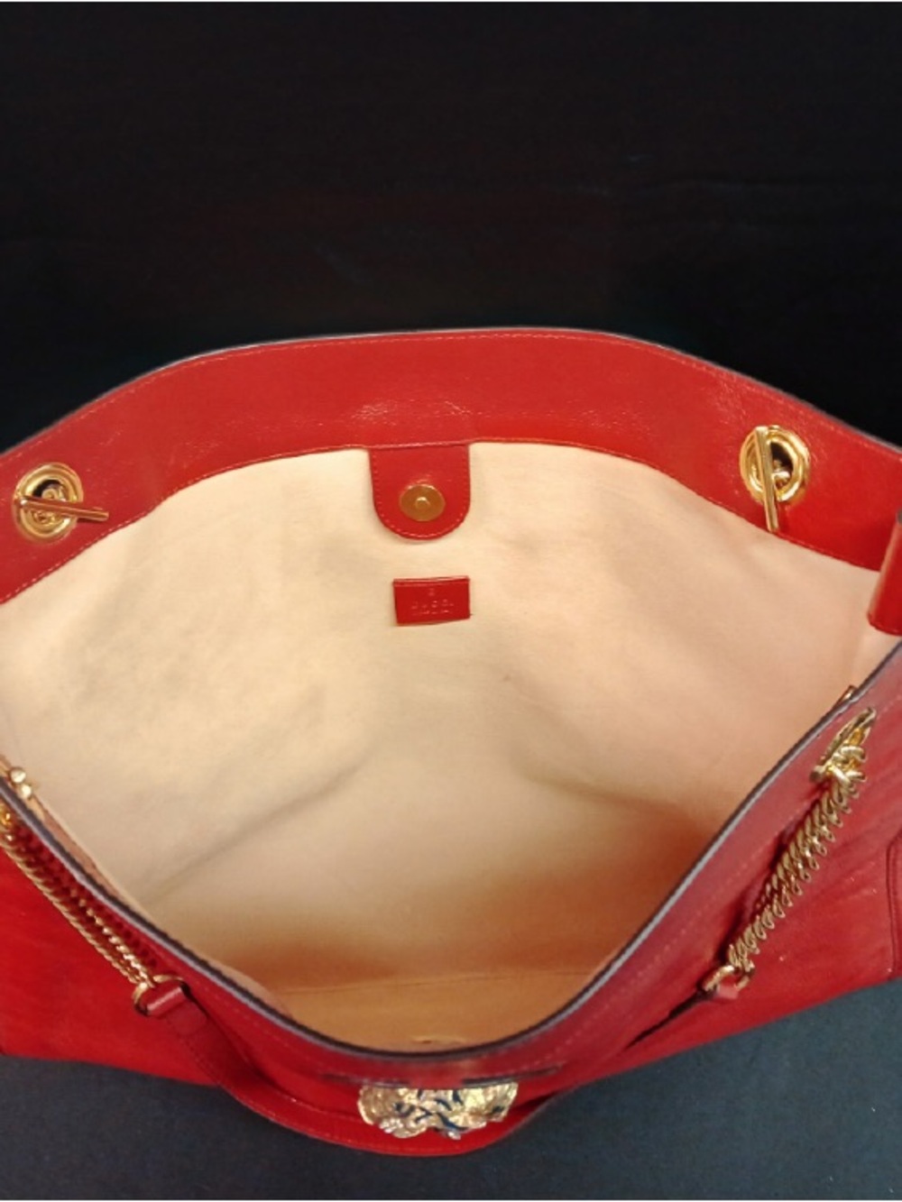 Gucci Rajah Tote w/accessory bag, Red leather, Navy & Gold trim w/enamel tiger❤️ - Picture 5 of 9